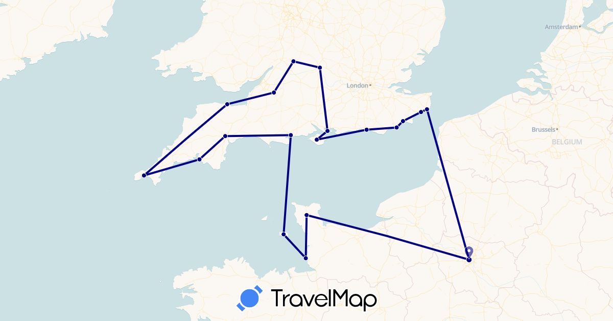 TravelMap itinerary: driving in France, United Kingdom, Jersey (Europe)